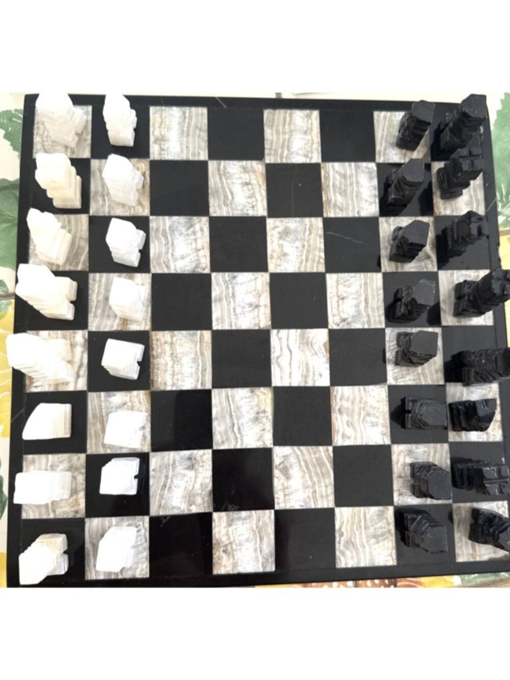 Vtg Carved White & Black Onyx Marble Stone Aztec Chess Set Board Complete 10 in